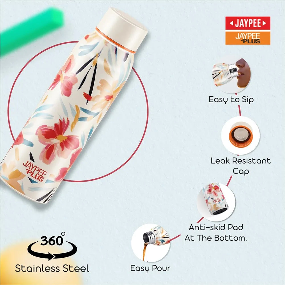 Jaypee Plus Punch Prime Stainless Steel Printed Vacuum Insulated Water Bottle 620 ml | ISI Certified Rustproof & Leakproof Flask with 24Hrs Hot & Cold Ideal for School Kids, Office & Travel -